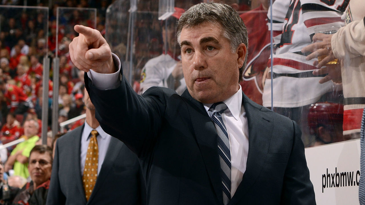 GLENDALE, AZ - FEBRUARY 02: Head coach Dave Tippett of the Arizona Coyotes points toward the ice during third period action against the Chicago Blackhawks at Gila River Arena on February 2, 2017 in Glendale, Arizona.