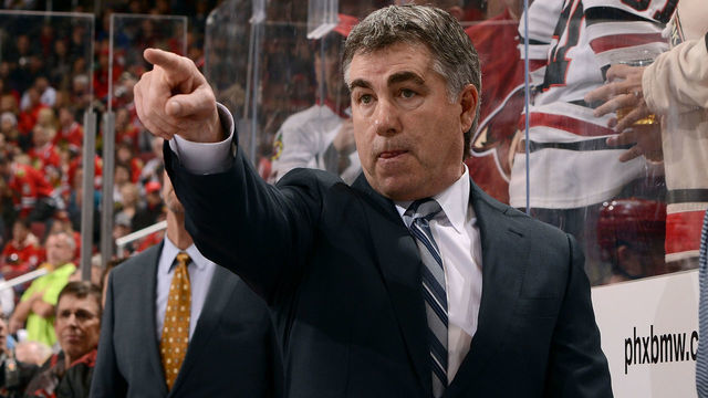 GLENDALE, AZ - FEBRUARY 02: Head coach Dave Tippett of the Arizona Coyotes points toward the ice during third period action against the Chicago Blackhawks at Gila River Arena on February 2, 2017 in Glendale, Arizona.