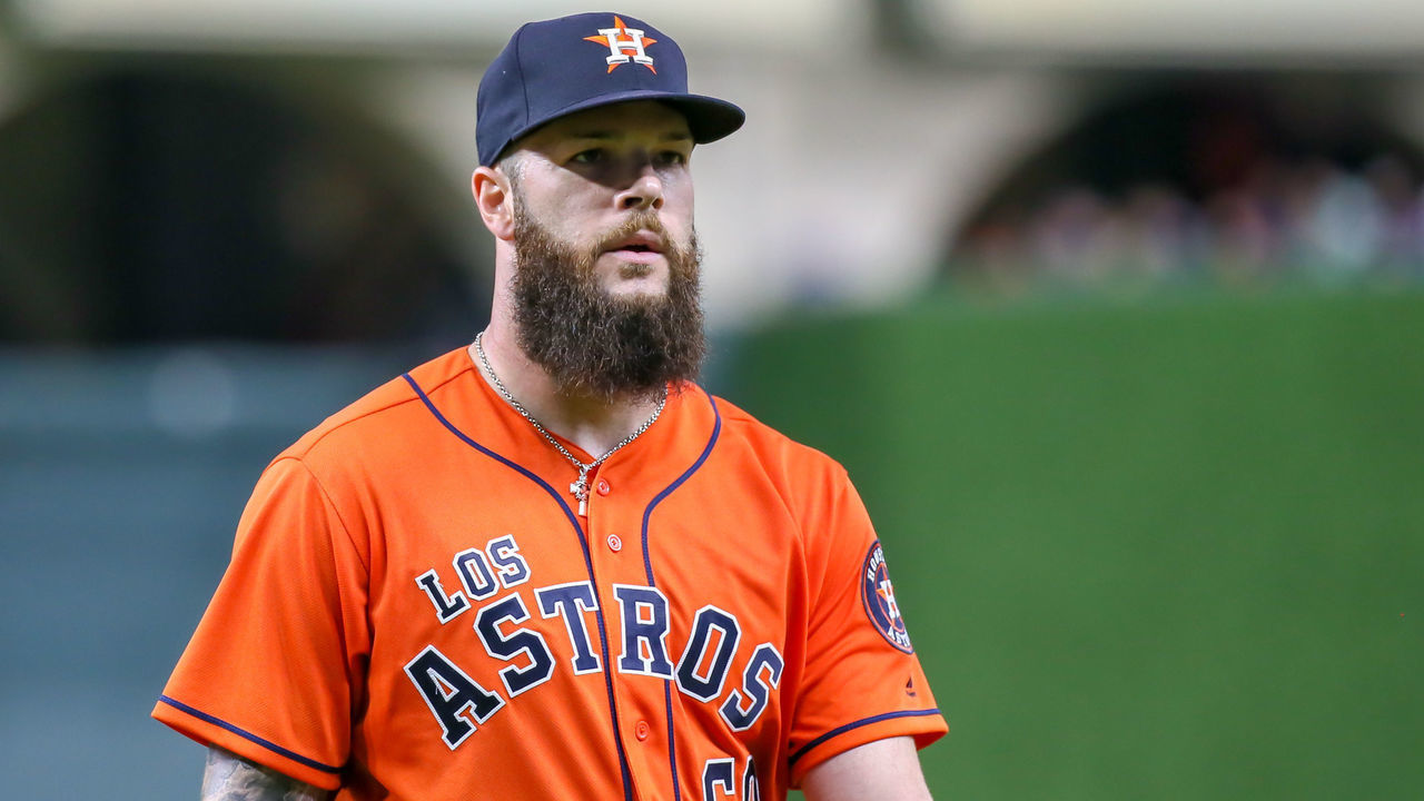 HOUSTON, TX - SEPTEMBER 14: Houston Astros starting pitcher Dallas Keuchel (60) comes off the mound during the baseball game between the Arizona Diamondbacks and Houston Astros on September 14, 2018 at Minute Maid Park in Houston, Texas.