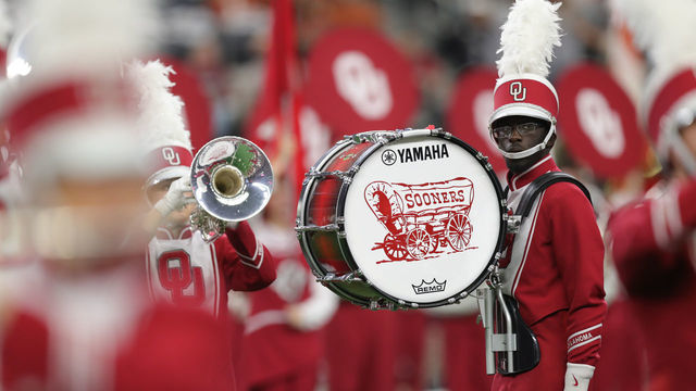 ARLINGTON, TX - DECEMBER 01: An Oklahoma band member performs before the Big 12 Championship Game between the Oklahoma Sooners and the Texas Longhorns on December 1st at AT&T Stadium in Arlington, TX.
