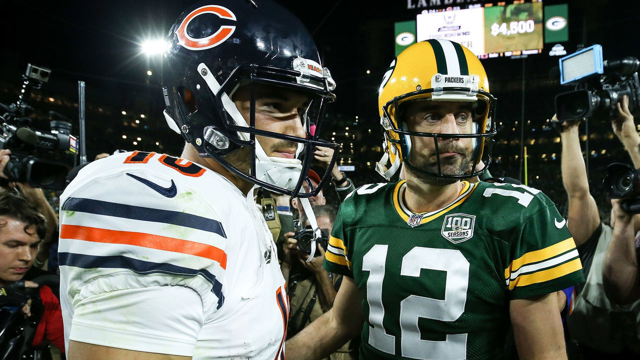 GREEN BAY, WI - SEPTEMBER 09: Mitchell Trubisky #10 of the Chicago Bears and Aaron Rodgers #12 of the Green Bay Packers meet after the Green Bay Packers beat the Chicago Bears 24-23 at Lambeau Field on September 9, 2018 in Green Bay, Wisconsin.
