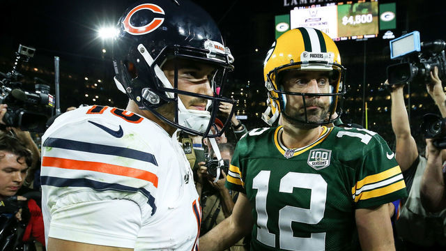 GREEN BAY, WI - SEPTEMBER 09: Mitchell Trubisky #10 of the Chicago Bears and Aaron Rodgers #12 of the Green Bay Packers meet after the Green Bay Packers beat the Chicago Bears 24-23 at Lambeau Field on September 9, 2018 in Green Bay, Wisconsin.
