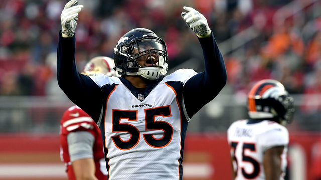 SANTA CLARA, CA - NOVEMBER 9: Bradley Chubb #55 of the Denver Broncos celebrates the Bronco trying to come back as the Denver Broncos take on the San Francisco 49er's at Levi's Stadium December 9, 2018 in Santa Clara, CA.