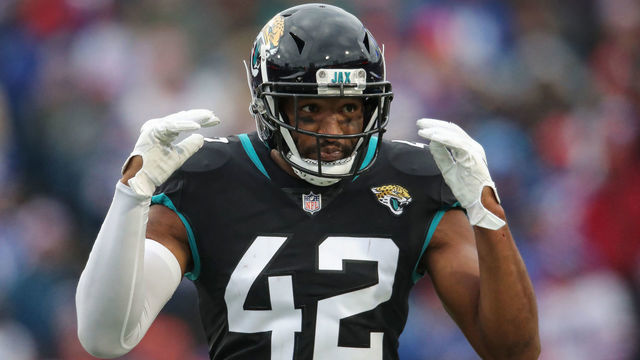 BUFFALO, NY - NOVEMBER 25: Barry Church #42 of the Jacksonville Jaguars during NFL game action against the Buffalo Bills at New Era Field on November 25, 2018 in Buffalo, New York.
