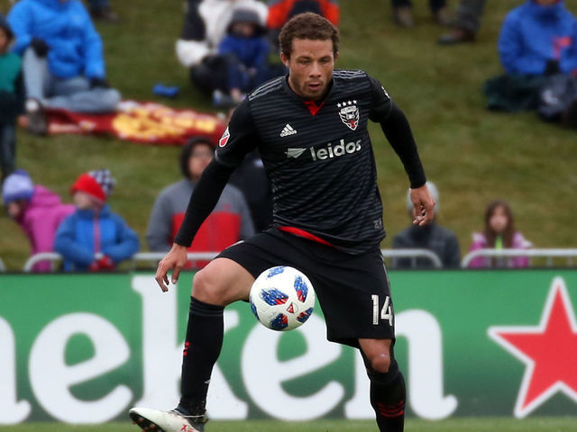 BOYDS, MD - MARCH 17: D.C. United midfielder Nick DeLeon (14) controls the ball during a MLS soccer match between D.C. United and the Houston Dynamo on March 17, 2018, at the Maryland Soccerplex, in Boyds, Maryland. The game ended in a 2-2 tie.