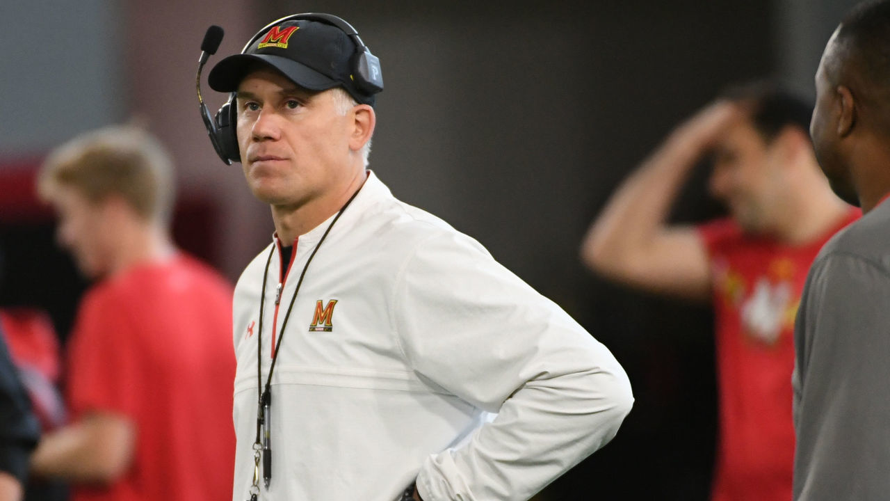 COLLEGE PARK, MD - APRIL 3: Maryland head coach DJ Durkin looks on during spring football practice.