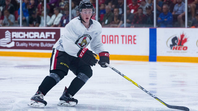 OTTAWA, ON - JUNE 29: Ottawa Senators Prospect Defenseman Jacob Bernard-Docker (48) tracks the play during the Ottawa Senators Development Camp on June 29, 2018, at Richcraft Sensplex in Ottawa, ON, Canada.