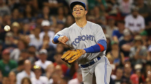 BOSTON, MA - JULY 17: Troy Tulowitzki #2 of the Toronto Blue Jays throws to first base during a game against the Boston Red Sox at Fenway Park on July 17, 2017 in Boston, Massachusetts.