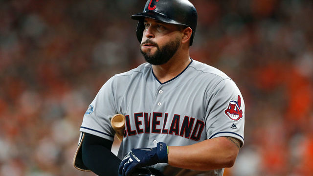 HOUSTON, TX - OCTOBER 05: Yonder Alonso #17 of the Cleveland Indians reacts after striking out against Justin Verlander #35 of the Houston Astros (not pictured) in the fourth inning during Game One of the American League Division Series at Minute Maid Park on October 5, 2018 in Houston, Texas.