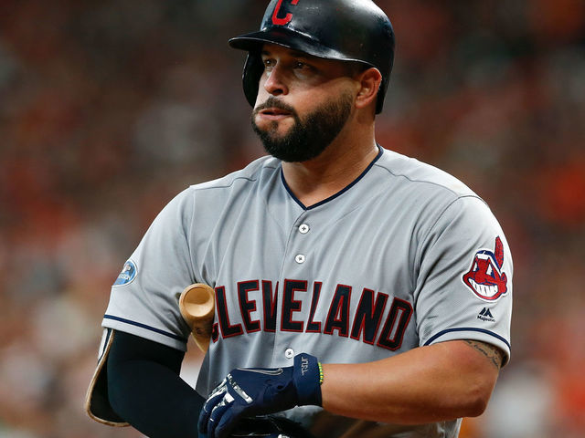 HOUSTON, TX - OCTOBER 05: Yonder Alonso #17 of the Cleveland Indians reacts after striking out against Justin Verlander #35 of the Houston Astros (not pictured) in the fourth inning during Game One of the American League Division Series at Minute Maid Park on October 5, 2018 in Houston, Texas.