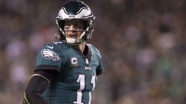 PHILADELPHIA, PA - DECEMBER 03: Carson Wentz #11 of the Philadelphia Eagles looks on against the Washington Redskins at Lincoln Financial Field on December 3, 2018 in Philadelphia, Pennsylvania.