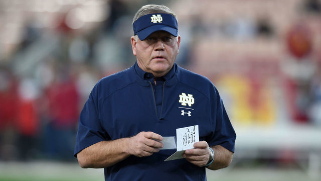 LOS ANGELES, CA - NOVEMBER 24: Notre Dame head coach Brian Kelly prior a college football game between the Notre Dame Fighting Irish and the USC Trojans on November 24, 2018, at the Los Angeles Memorial Coliseum in Los Angeles, CA.