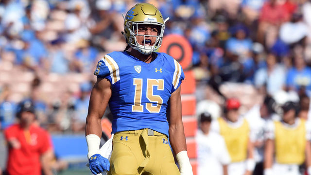 PASADENA, CA - SEPTEMBER 01: UCLA (15) Jaelan Phillips (LB) celebrates after making a sack during an college football game between the Cincinnati Bearcats and the UCLA Bruins on September 01, 2018, at the Rose Bowl in Pasadena, CA.