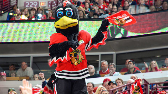 CHICAGO, IL - MAY 4: The Chicago Blackhawks mascot, Tommy Hawk, cheers on the team in Game Two of the Second Round of the 2014 Stanley Cup Playoffs against the Minnesota Wild at the United Center on May 04, 2014 in Chicago, Illinois.