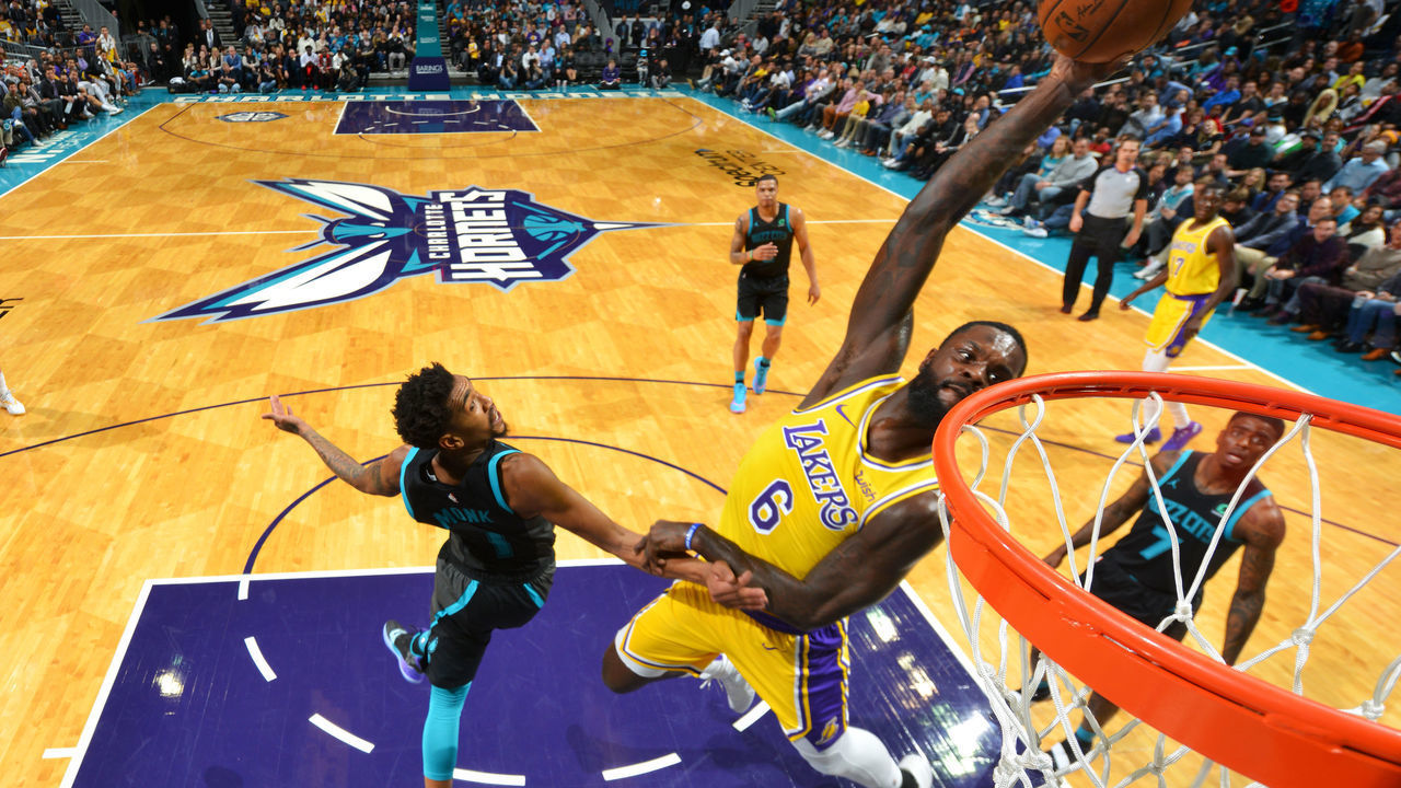 CHARLOTTE, NC - DECEMBER 15: Lance Stephenson #6 of the Los Angeles Lakers dunks the ball against the Charlotte Hornets on December 15, 2018 at Spectrum Center in Charlotte, North Carolina. Mandatory Copyright Notice: Copyright 2018 NBAE