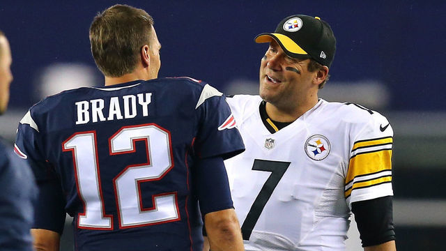 FOXBORO, MA - SEPTEMBER 10: Tom Brady #12 of the New England Patriots and Ben Roethlisberger #7 of the Pittsburgh Steelers speak before the game at Gillette Stadium on September 10, 2015 in Foxboro, Massachusetts.