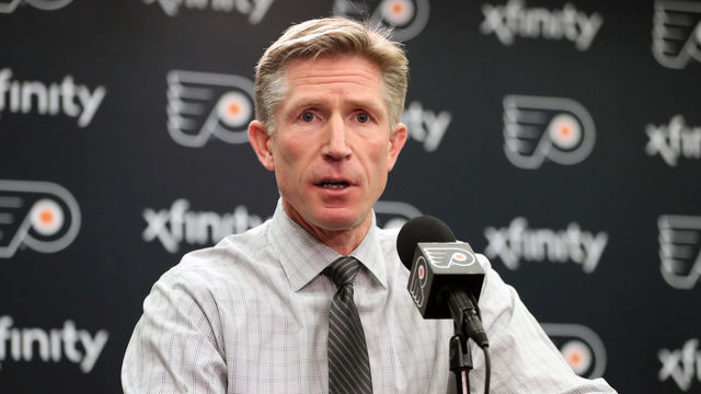 PHILADELPHIA, PA - NOVEMBER 10: Head Coach of the Philadelphia Flyers Dave Hakstol speaks to the media after defeating the Chicago Blackhawks 4-0 on November 10, 2018 at the Wells Fargo Center in Philadelphia, Pennsylvania.