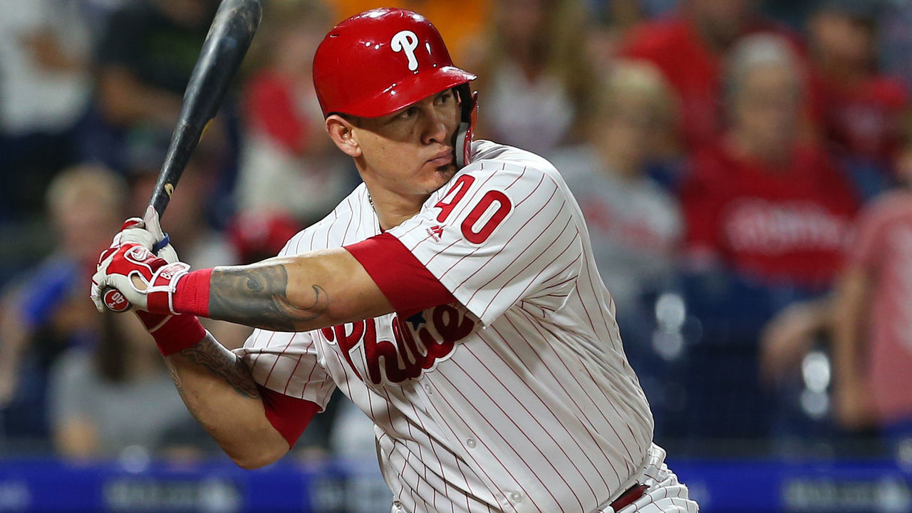 PHILADELPHIA, PA - SEPTEMBER 15: Wilson Ramos #40 of the Philadelphia Phillies in action against the Miami Marlins during a game at Citizens Bank Park on September 15, 2018 in Philadelphia, Pennsylvania.