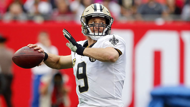 TAMPA, FL - DEC 09: Drew Brees (9) of the Saints throws the ball downfield during the during the regular season game between the New Orleans Saints and the Tampa Bay Buccaneers on December 09, 2018 at Raymond James Stadium in Tampa, Florida.