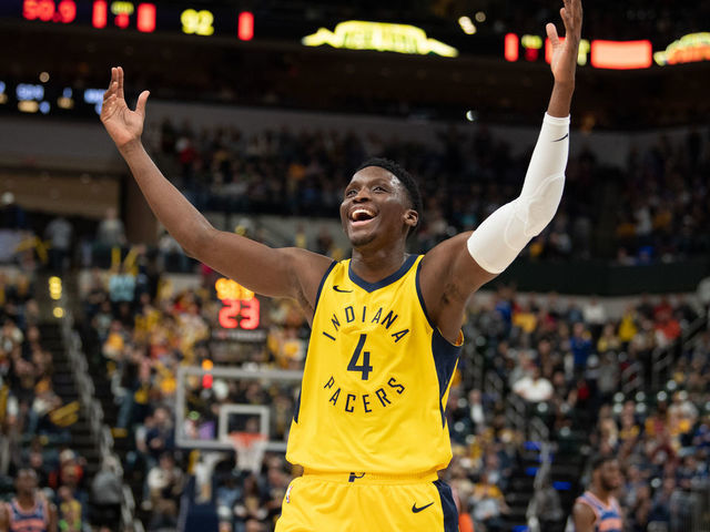 INDIANAPOLIS, IN - DECEMBER 16: Victor Oladipo #4 of the Indiana Pacers celebrates a call during the second half of the game against the New York Knicks at Bankers Life Fieldhouse on December 16, 2018 in Indianapolis, Indiana.
