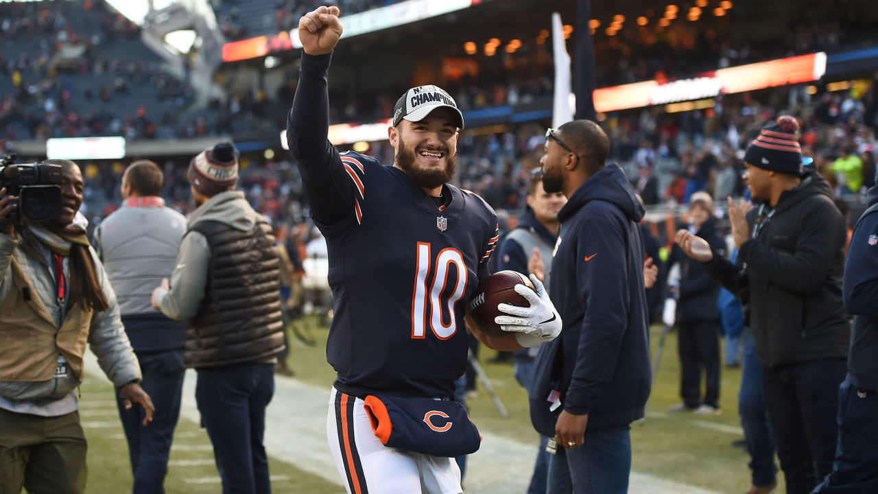 CHICAGO, IL - DECEMBER 16: Quarterback Mitchell Trubisky #10 of the Chicago Bears celebrates after the Bears defeated the Green Bay Packers 24-17 at Soldier Field on December 16, 2018 in Chicago, Illinois.