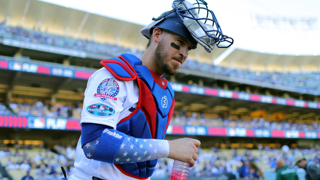 LOS ANGELES, CA - OCTOBER 15: Yasmani Grandal #9 of the Los Angeles Dodgers is seen before Game 3 of the NLCS against the Milwaukee Brewers at Dodger Stadium on Monday, October 15, 2018 in Los Angeles, California.