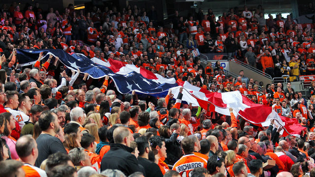 PHILADELPHIA, PA - APRIL 22: Fans of the Philadelphia Flyers pass an American flag through the crowd during the National Anthem prior to Game Six of the Eastern Conference First Round during the 2018 NHL Stanley Cup Playoffs against the Pittsburgh Penguins at the Wells Fargo Center on April 22, 2018 in Philadelphia, Pennsylvania.