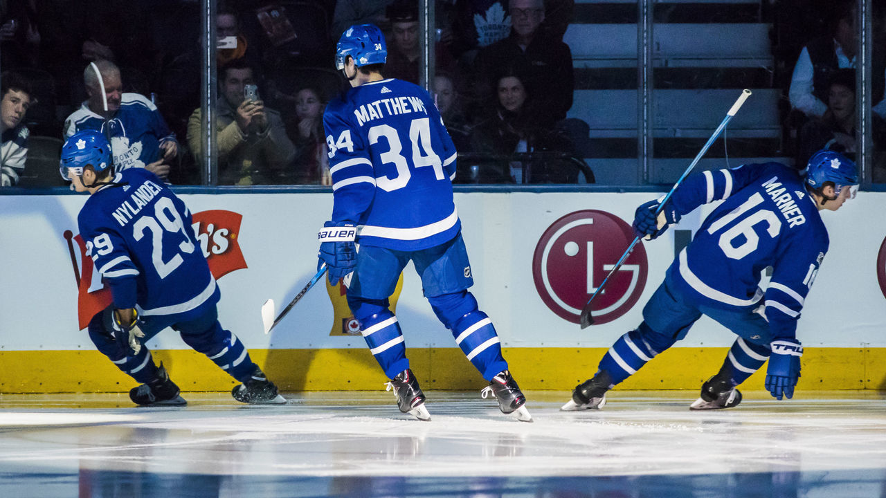 TORONTO, ON - OCTOBER 28: Auston Matthews #34, William Nylander #29, and Mitchell Marner #16 of the Toronto Maple Leafs take the ice before playing the Philadelphia Flyers at the Air Canada Centre on October 28, 2017 in Toronto, Ontario, Canada.