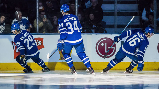 TORONTO, ON - OCTOBER 28: Auston Matthews #34, William Nylander #29, and Mitchell Marner #16 of the Toronto Maple Leafs take the ice before playing the Philadelphia Flyers at the Air Canada Centre on October 28, 2017 in Toronto, Ontario, Canada.