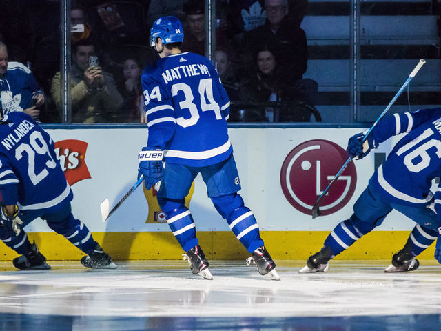 TORONTO, ON - OCTOBER 28: Auston Matthews #34, William Nylander #29, and Mitchell Marner #16 of the Toronto Maple Leafs take the ice before playing the Philadelphia Flyers at the Air Canada Centre on October 28, 2017 in Toronto, Ontario, Canada.