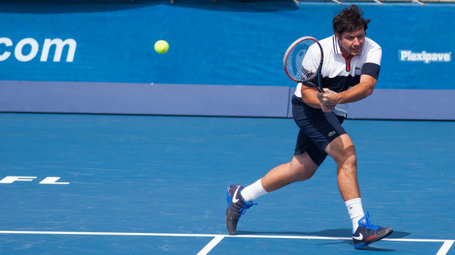 DELRAY BEACH, FL - FEBRUARY 18: Sebastien Grosjean (FRA) during the ATP Masters Tour Doubles Match during the Delray Beach Open on February 18, 2017 at Delray Beach Stadium & Tennis Center in Delray Beach, FL.