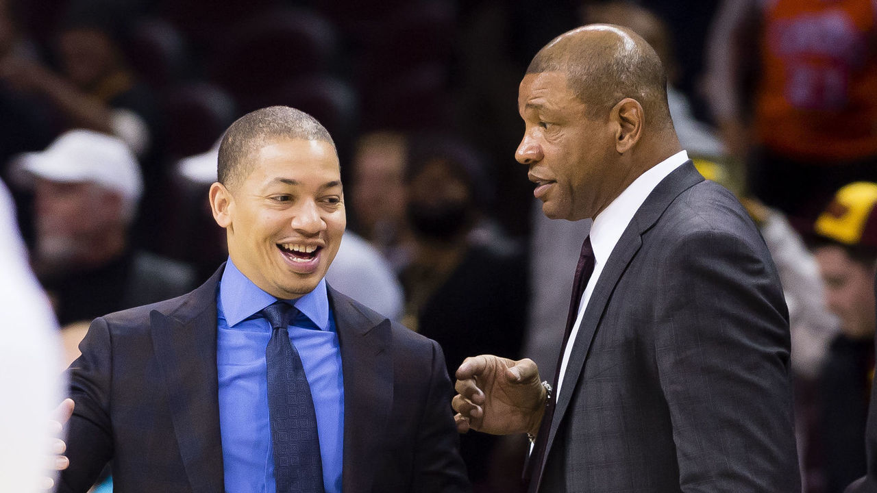 CLEVELAND, OH - DECEMBER 01: Head coach Tyronn Lue of the Cleveland Cavaliers talks to head coach Doc Rivers of the LA Clippers during the second half at Quicken Loans Arena on December 1, 2016 in Cleveland, Ohio. The Clippers defeated the Cavaliers 113-94. NOTE TO USER: User expressly acknowledges and agrees that, by downloading and/or using this photograph, user is consenting to the terms and conditions of the Getty Images License Agreement. Mandatory copyright notice.