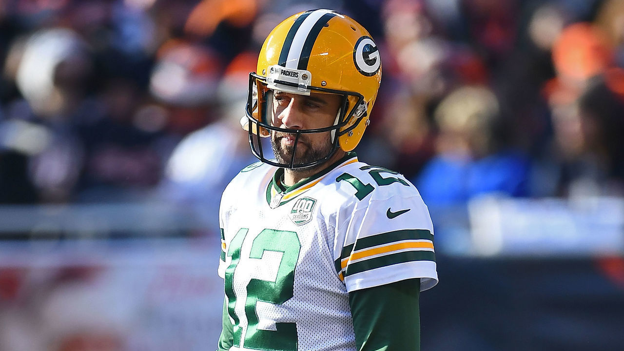 CHICAGO, ILLINOIS - DECEMBER 16: Aaron Rodgers #12 of the Green Bay Packers waits for a play during a game against the Chicago Bears at Soldier Field on December 16, 2018 in Chicago, Illinois. The Bears defeated the Packers 24-17.