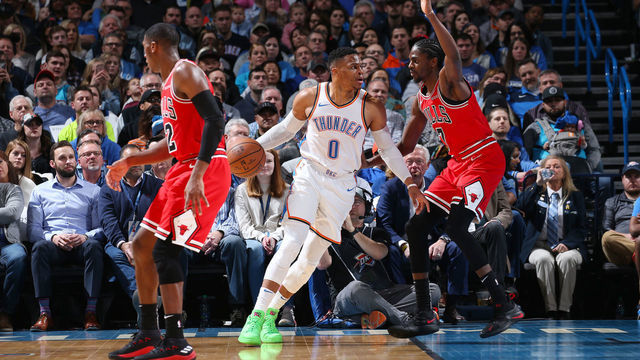 OKLAHOMA CITY, OK- DECEMBER 17: Russell Westbrook #0 of the Oklahoma City Thunder jocks for a position during the game against the Chicago Bulls on December 17, 2018 at Chesapeake Energy Arena in Oklahoma City, Oklahoma. Mandatory Copyright Notice: Copyright 2018 NBAE