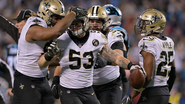 CHARLOTTE, NC - DECEMBER 17: A.J. Klein #53 of the New Orleans Saints celebrates a fumble recovery against the Carolina Panthers in the third quarter during their game at Bank of America Stadium on December 17, 2018 in Charlotte, North Carolina.