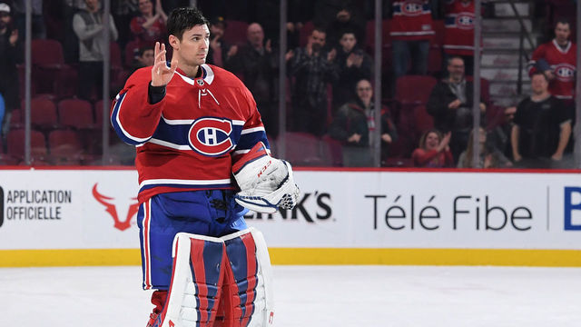 MONTREAL, QC - JANUARY 4: Carey Price #31 of the Montreal Canadiens salutes the crowd after being named the first star of the NHL game against the Tampa Bay Lightning at the Bell Centre on January 4, 2018 in Montreal, Quebec, Canada.