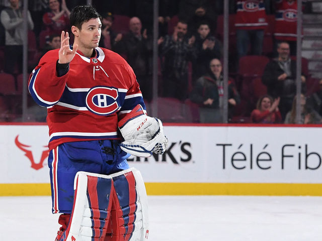 MONTREAL, QC - JANUARY 4: Carey Price #31 of the Montreal Canadiens salutes the crowd after being named the first star of the NHL game against the Tampa Bay Lightning at the Bell Centre on January 4, 2018 in Montreal, Quebec, Canada.