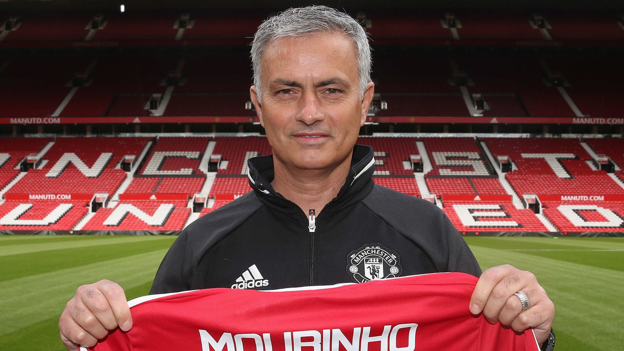 MANCHESTER, ENGLAND - JULY 05: Manager Jose Mourinho of Manchester United poses at Old Trafford after being officially unveiled as Manchester United manager at Old Trafford on July 5, 2016 in Manchester, England.