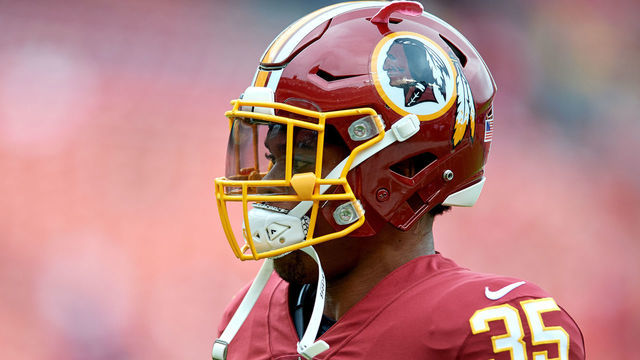 LANDOVER, MD - OCTOBER 15: Washington Redskins safety Montae Nicholson (35) looks on during a NFL football game between the San Francisco 49ers and the Washington Redskins on October 15, 2017, at FedExField in Landover, Maryland.