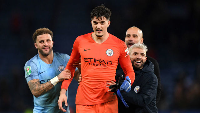 LEICESTER, ENGLAND - DECEMBER 18: Arijanet Muric of Manchester City celebrates following his sides victory in the penalty shoot out during the Carabao Cup Quarter Final match between Leicester City and Manchester United at The King Power Stadium on December 18, 2018 in Leicester, United Kingdom.
