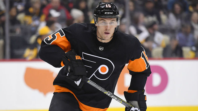 PITTSBURGH, PA - DECEMBER 01: Philadelphia Flyers Center Jori Lehtera (15) skates during the first period in the NHL game between the Pittsburgh Penguins and the Philadelphia Flyers on December 1, 2018, at PPG Paints Arena in Pittsburgh, PA.