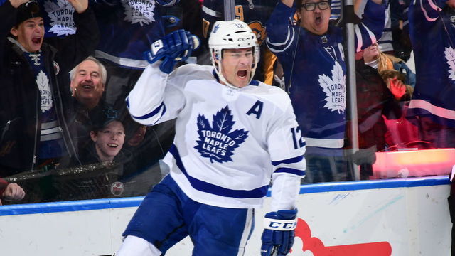 BUFFALO, NY - DECEMBER 4: Patrick Marleau #12 of the Toronto Maple Leafs celebrates his third period goal during an NHL game against the Buffalo Sabres on December 4, 2018 at KeyBank Center in Buffalo, New York. Toronto defeated Buffalo, 4-3, in overtime.