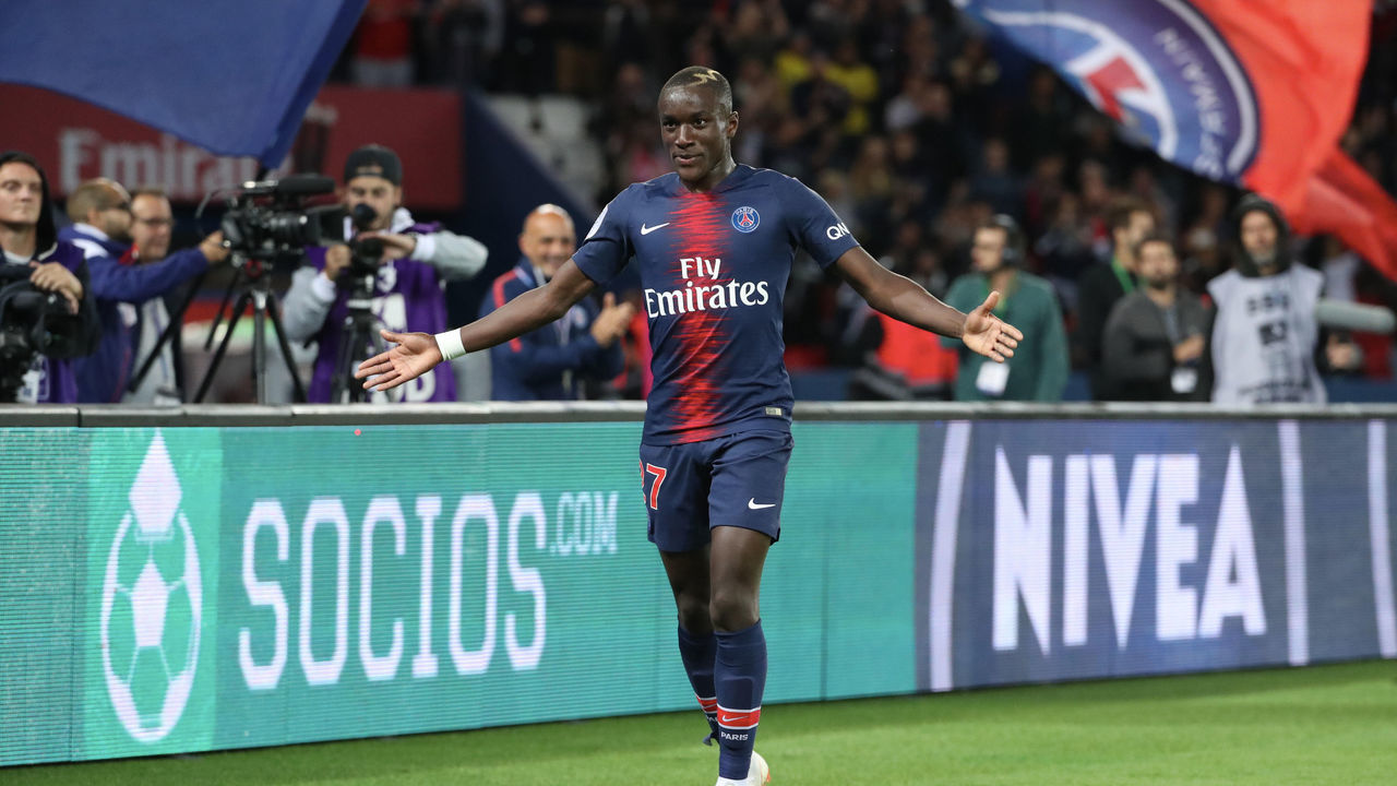 PARIS, FRANCE - SEPTEMBER 14: Moussa Diaby of Paris Saint-Germain celebrate his goal during the French Ligue 1 match between Paris Saint Germain and AS Saint Etienne on September 14, 2018 in Paris, France.