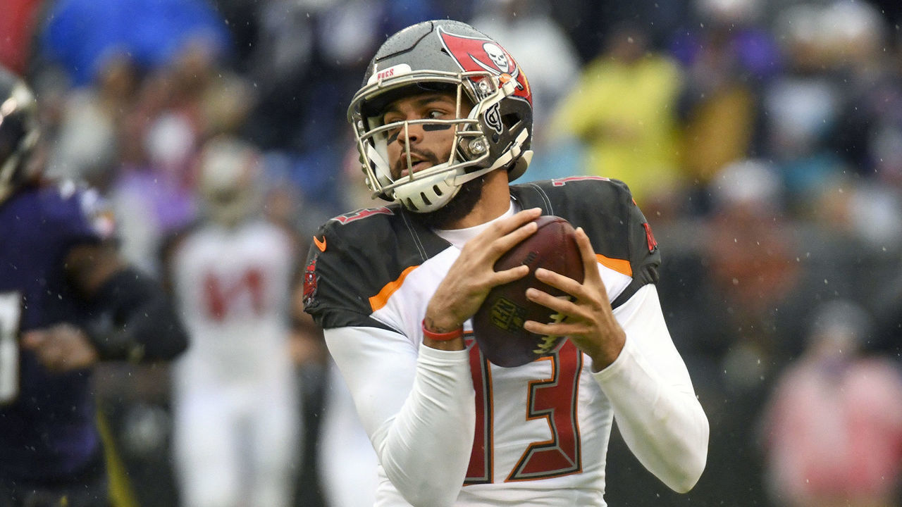 BALTIMORE, MD - DECEMBER 16: Tampa Bay Buccaneers wide receiver Mike Evans (13) makes a long pass reception against the Baltimore Ravens in the second quarter on December 16, 2018, at M&T Bank Stadium in Baltimore, MD.