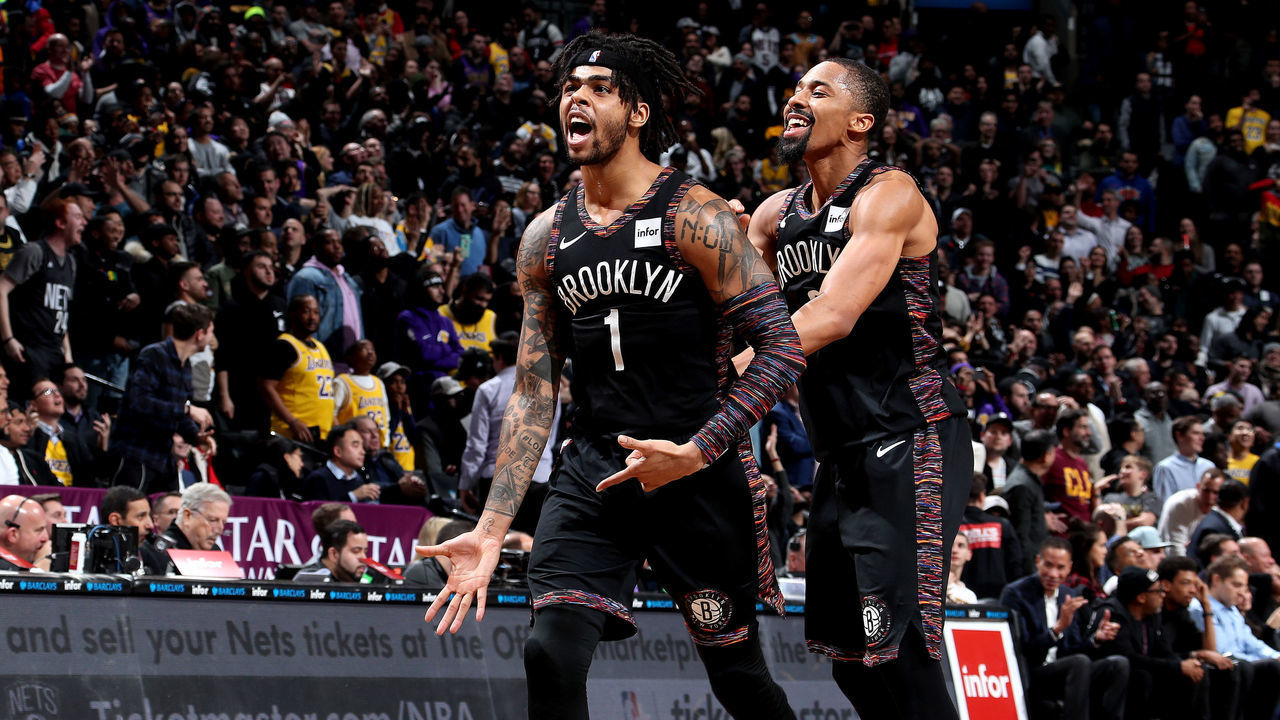 BROOKLYN, NY - DECEMBER 18: D'Angelo Russell #1 of the Brooklyn Nets reacts against the Los Angeles Lakers on December 18, 2018 at Barclays Center in Brooklyn, New York. Mandatory Copyright Notice: Copyright 2018 NBAE