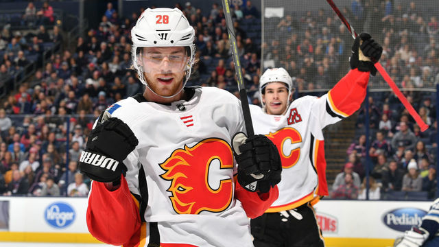 COLUMBUS, OH - DECEMBER 4: Elias Lindholm #28 of the Calgary Flames reacts after scoring a goal during the second period of a game against the Columbus Blue Jackets on December 4, 2018 at Nationwide Arena in Columbus, Ohio.