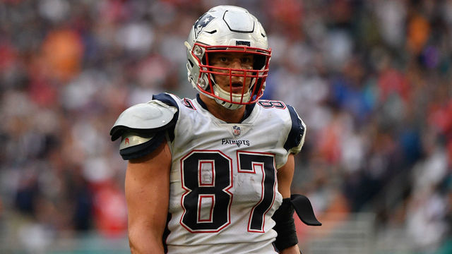 MIAMI, FL - DECEMBER 09: Rob Gronkowski #87 of the New England Patriots in action against the Miami Dolphins at Hard Rock Stadium on December 9, 2018 in Miami, Florida.