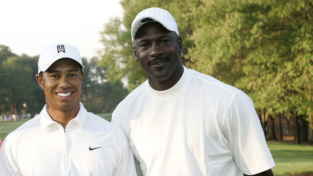 Skipper Beck (a Mercedes-Benz dealer from Charlotte), Tiger Woods and Michael Jordan, during the Pro-Am prior to the 2007 Wachovia Championship held at Quail Hollow Country Club in Charlotte, North Carolina on May 2, 2007.