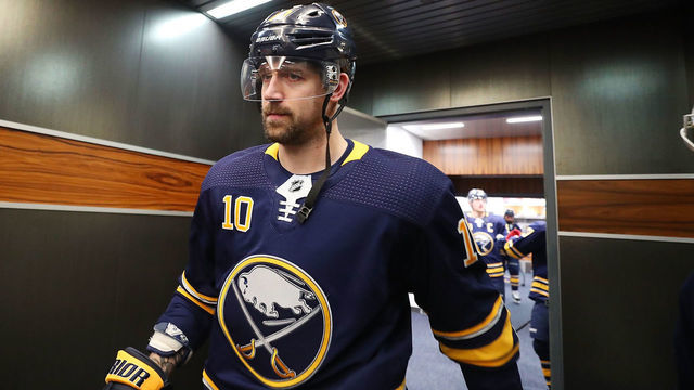 BUFFALO, NY - DECEMBER 8: Patrik Berglund #10 of the Buffalo Sabres heads to the ice before an NHL game against the Philadelphia Flyers on December 8, 2018 at KeyBank Center in Buffalo, New York.
