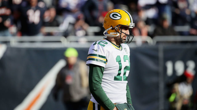 CHICAGO, IL - DECEMBER 16: Aaron Rodgers #12 of the Green Bay Packers waits for the start of play during a television commercial against the Chicago Bears at Soldier Field on December 16, 2018 in Chicago, Illinois.